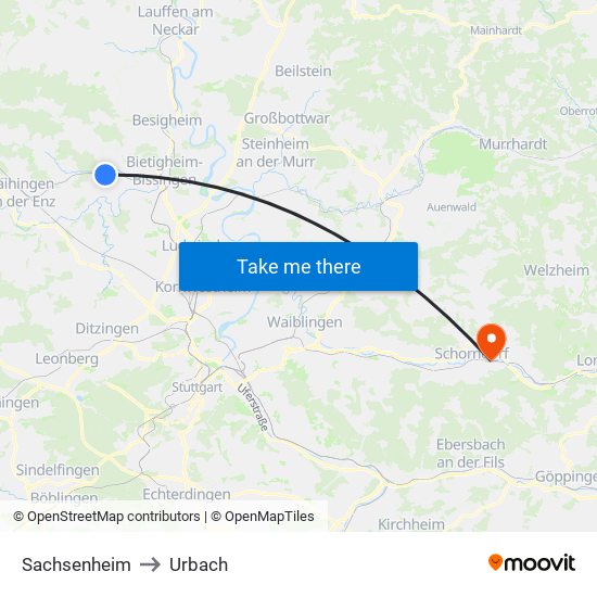 Sachsenheim to Urbach map