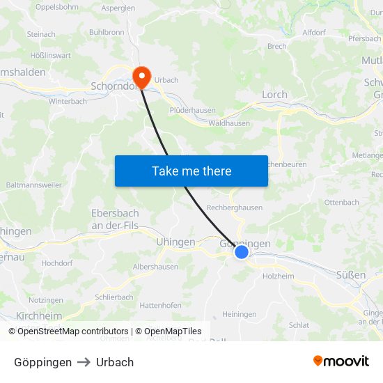 Göppingen to Urbach map
