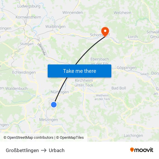 Großbettlingen to Urbach map