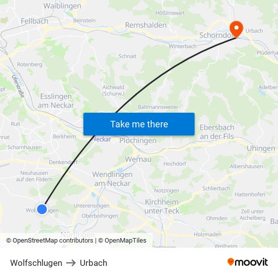 Wolfschlugen to Urbach map