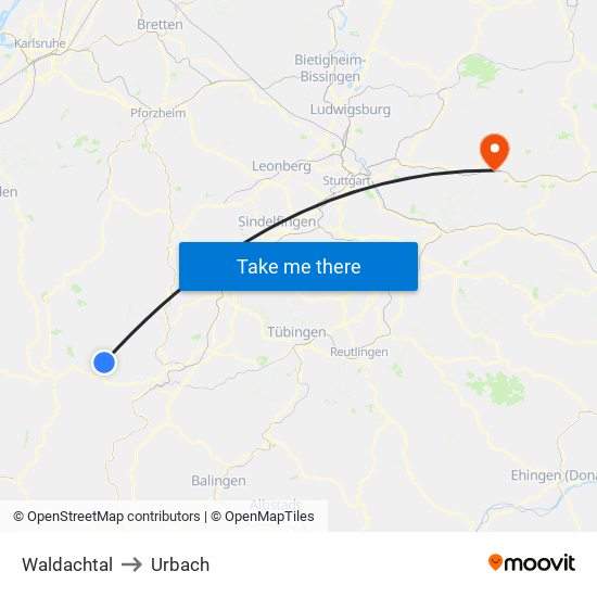 Waldachtal to Urbach map