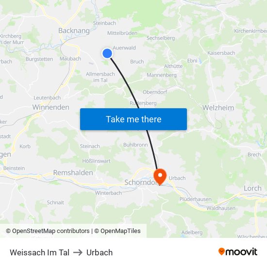 Weissach Im Tal to Urbach map