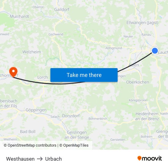 Westhausen to Urbach map
