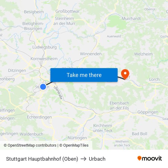 Stuttgart Hauptbahnhof (Oben) to Urbach map