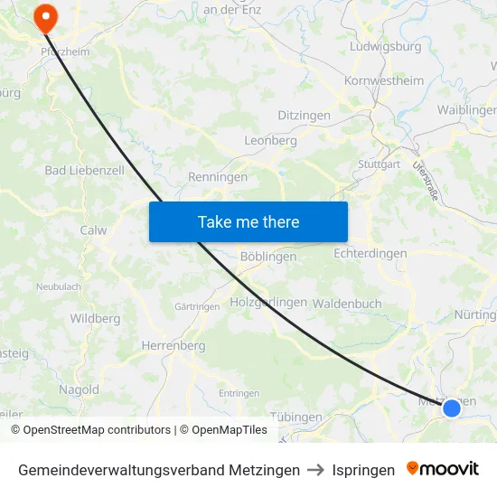 Gemeindeverwaltungsverband Metzingen to Ispringen map