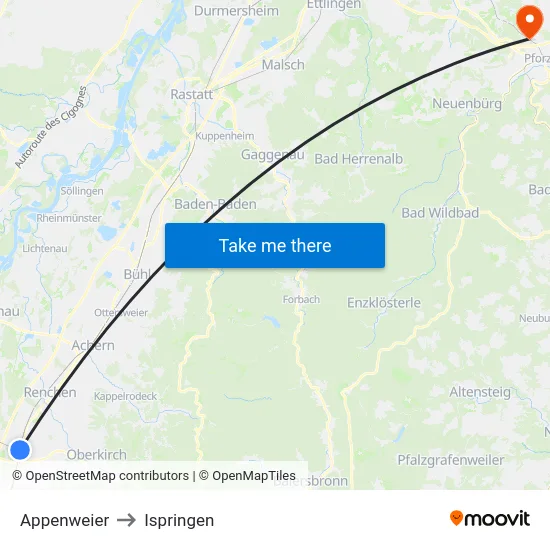 Appenweier to Ispringen map