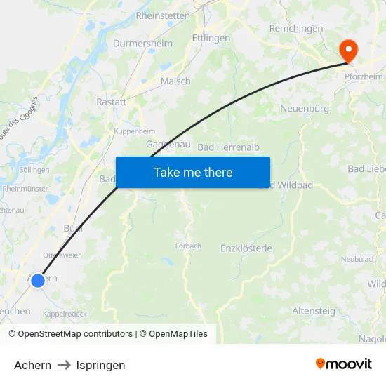 Achern to Ispringen map