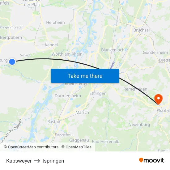 Kapsweyer to Ispringen map