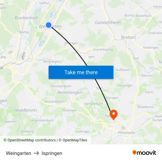 Weingarten to Ispringen map