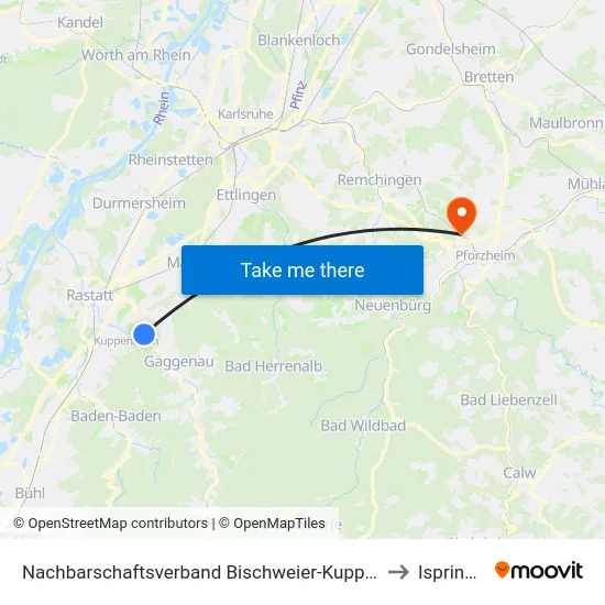 Nachbarschaftsverband Bischweier-Kuppenheim to Ispringen map