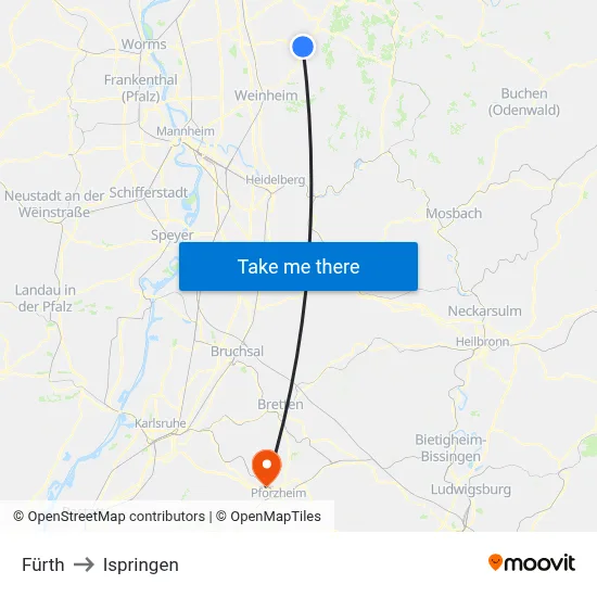 Fürth to Ispringen map