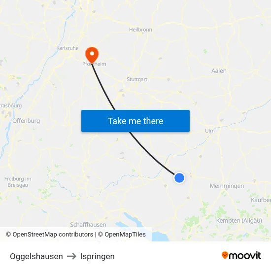 Oggelshausen to Ispringen map