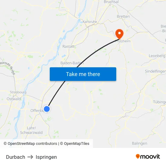 Durbach to Ispringen map