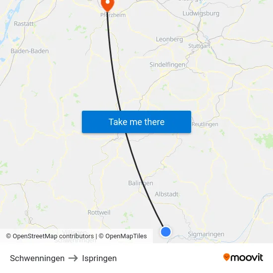 Schwenningen to Ispringen map