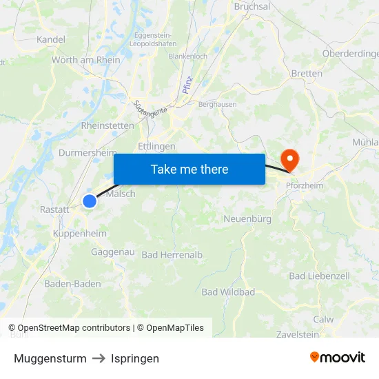 Muggensturm to Ispringen map