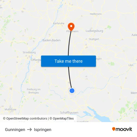 Gunningen to Ispringen map