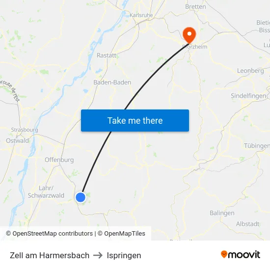 Zell am Harmersbach to Ispringen map