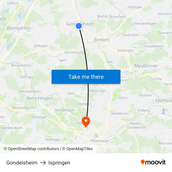 Gondelsheim to Ispringen map