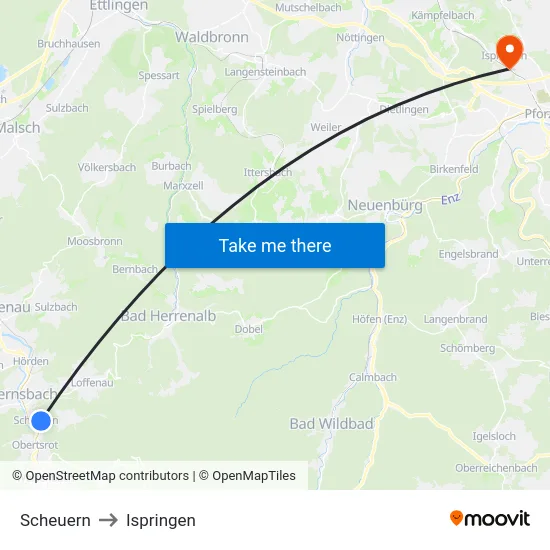 Scheuern to Ispringen map
