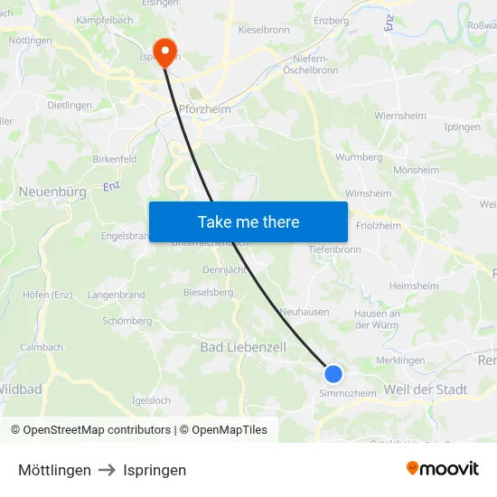 Möttlingen to Ispringen map