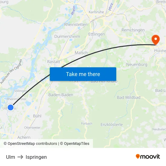 Ulm to Ispringen map