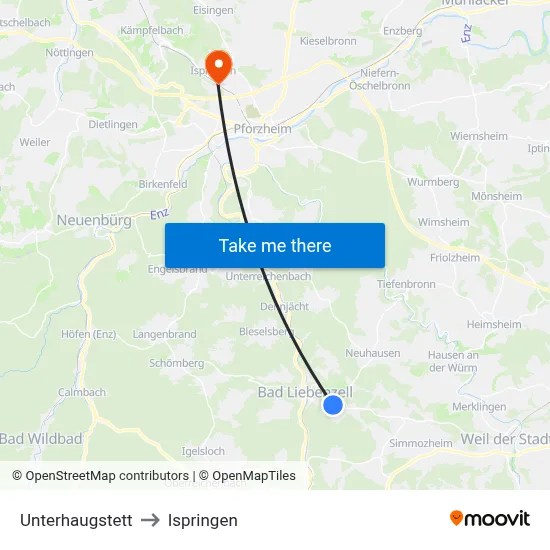 Unterhaugstett to Ispringen map
