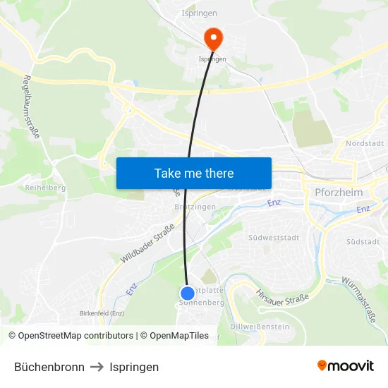 Büchenbronn to Ispringen map