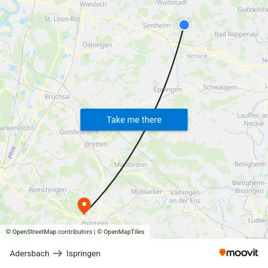 Adersbach to Ispringen map