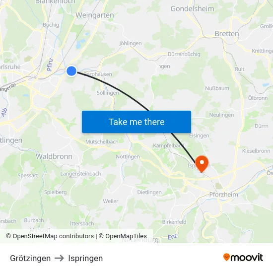 Grötzingen to Ispringen map