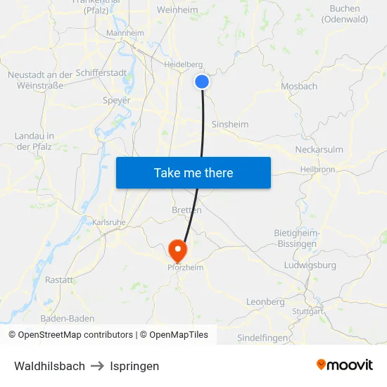 Waldhilsbach to Ispringen map