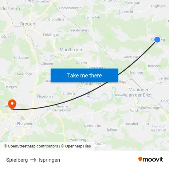 Spielberg to Ispringen map