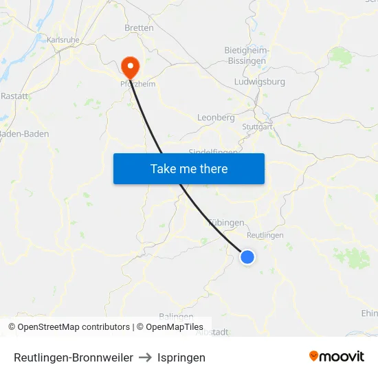 Reutlingen-Bronnweiler to Ispringen map