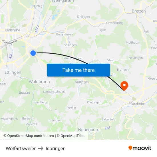 Wolfartsweier to Ispringen map