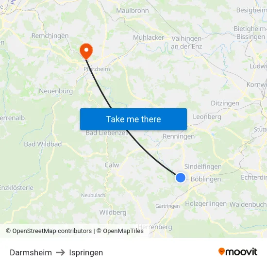 Darmsheim to Ispringen map
