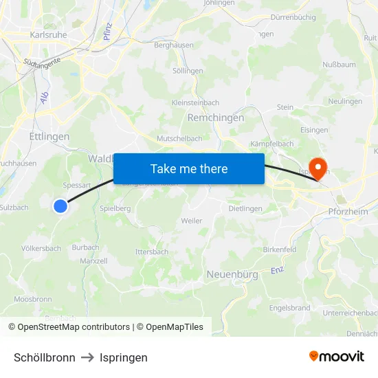Schöllbronn to Ispringen map