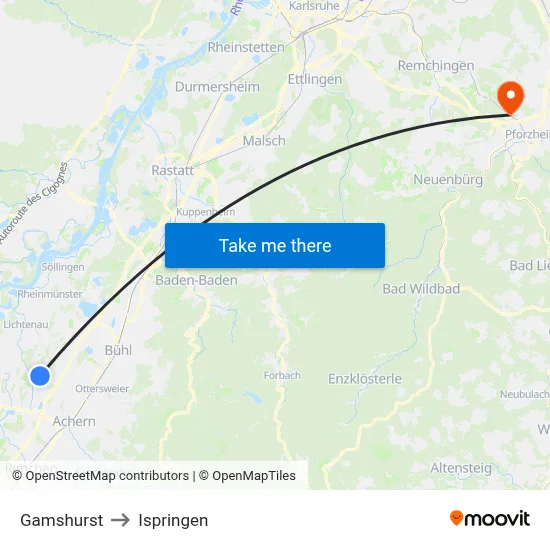 Gamshurst to Ispringen map