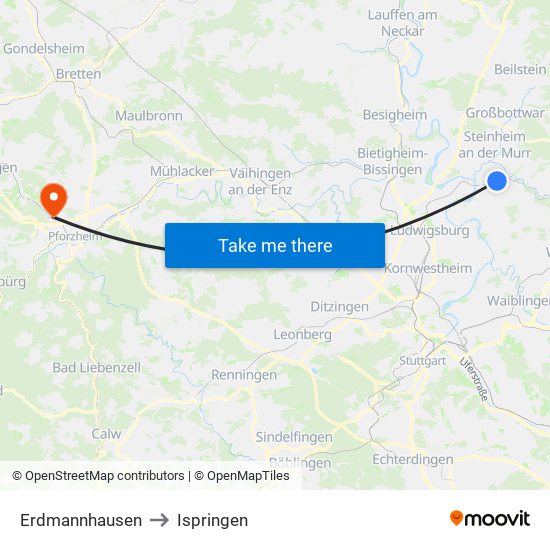 Erdmannhausen to Ispringen map