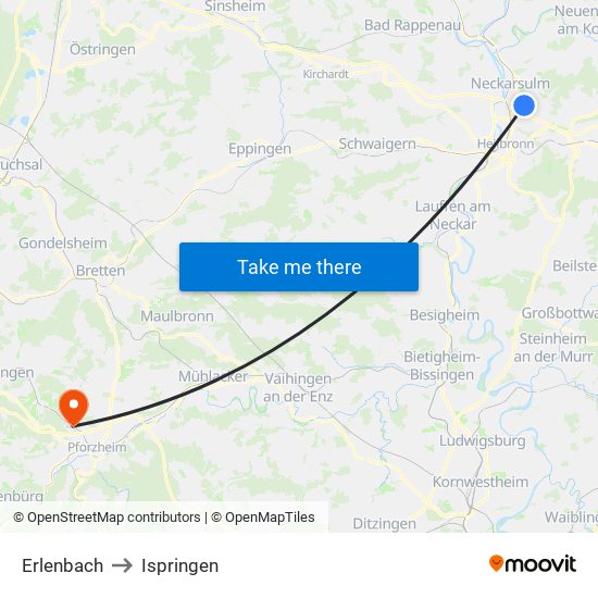 Erlenbach to Ispringen map
