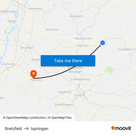 Bretzfeld to Ispringen map