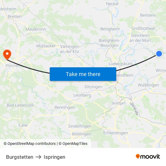 Burgstetten to Ispringen map