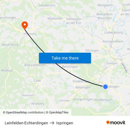 Leinfelden-Echterdingen to Ispringen map