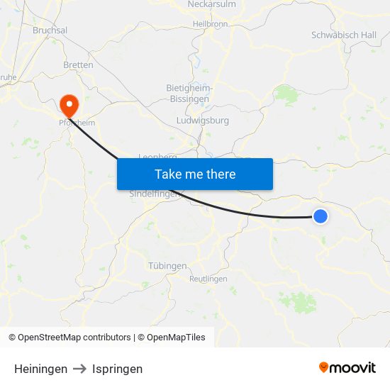 Heiningen to Ispringen map