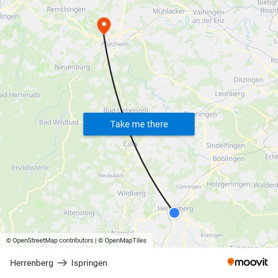 Herrenberg to Ispringen map