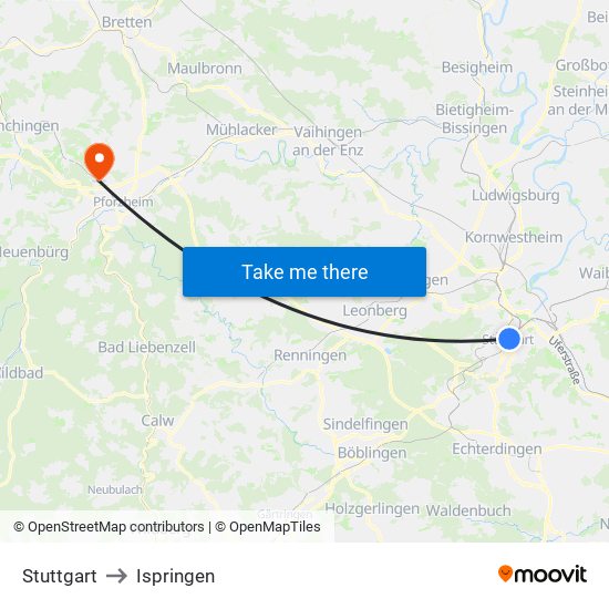 Stuttgart to Ispringen map