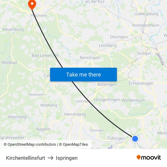 Kirchentellinsfurt to Ispringen map