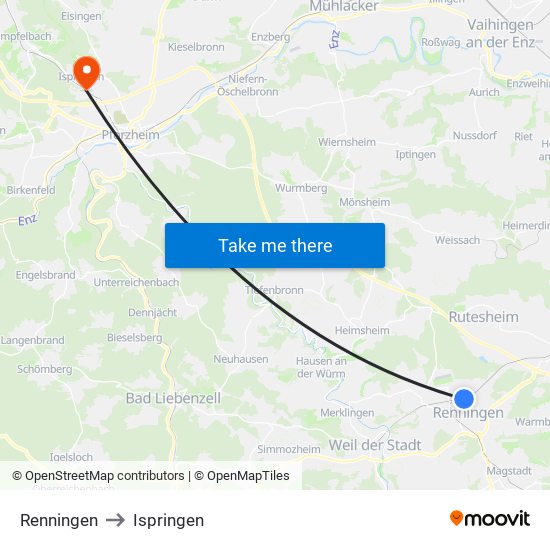 Renningen to Ispringen map