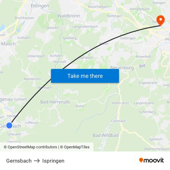 Gernsbach to Ispringen map