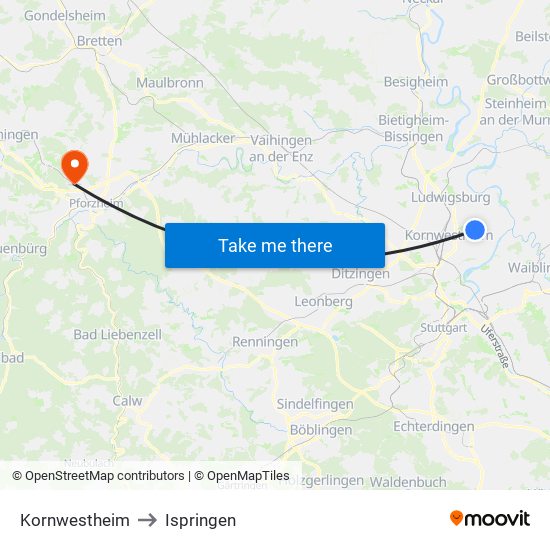 Kornwestheim to Ispringen map