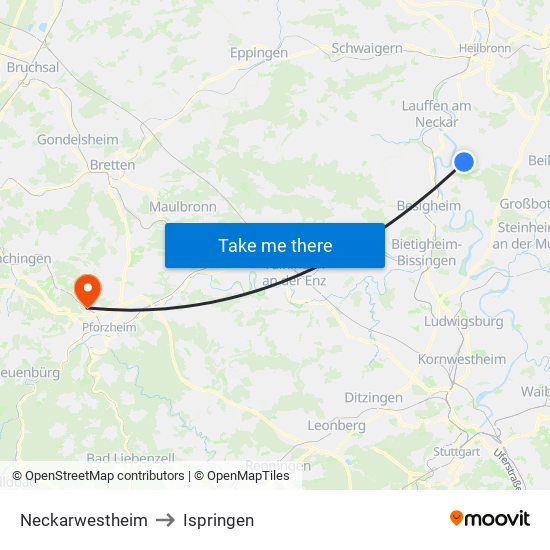 Neckarwestheim to Ispringen map