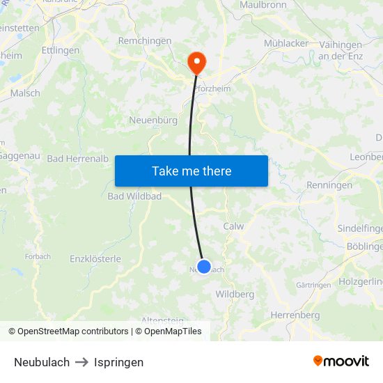 Neubulach to Ispringen map